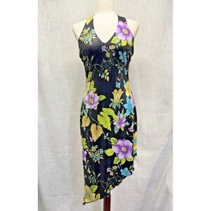 Cache Halter Dress Womens 8 Black Floral Sequin Y2K Handkerchief Hem Vintage